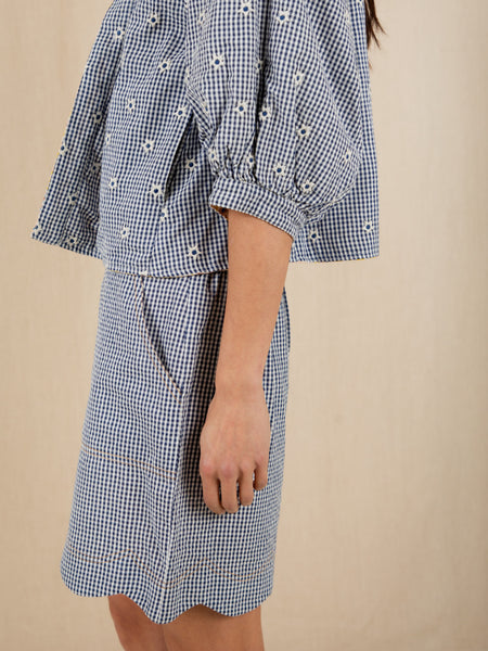 Mary Navy Gingham Cotton Scallop Short by Bonte