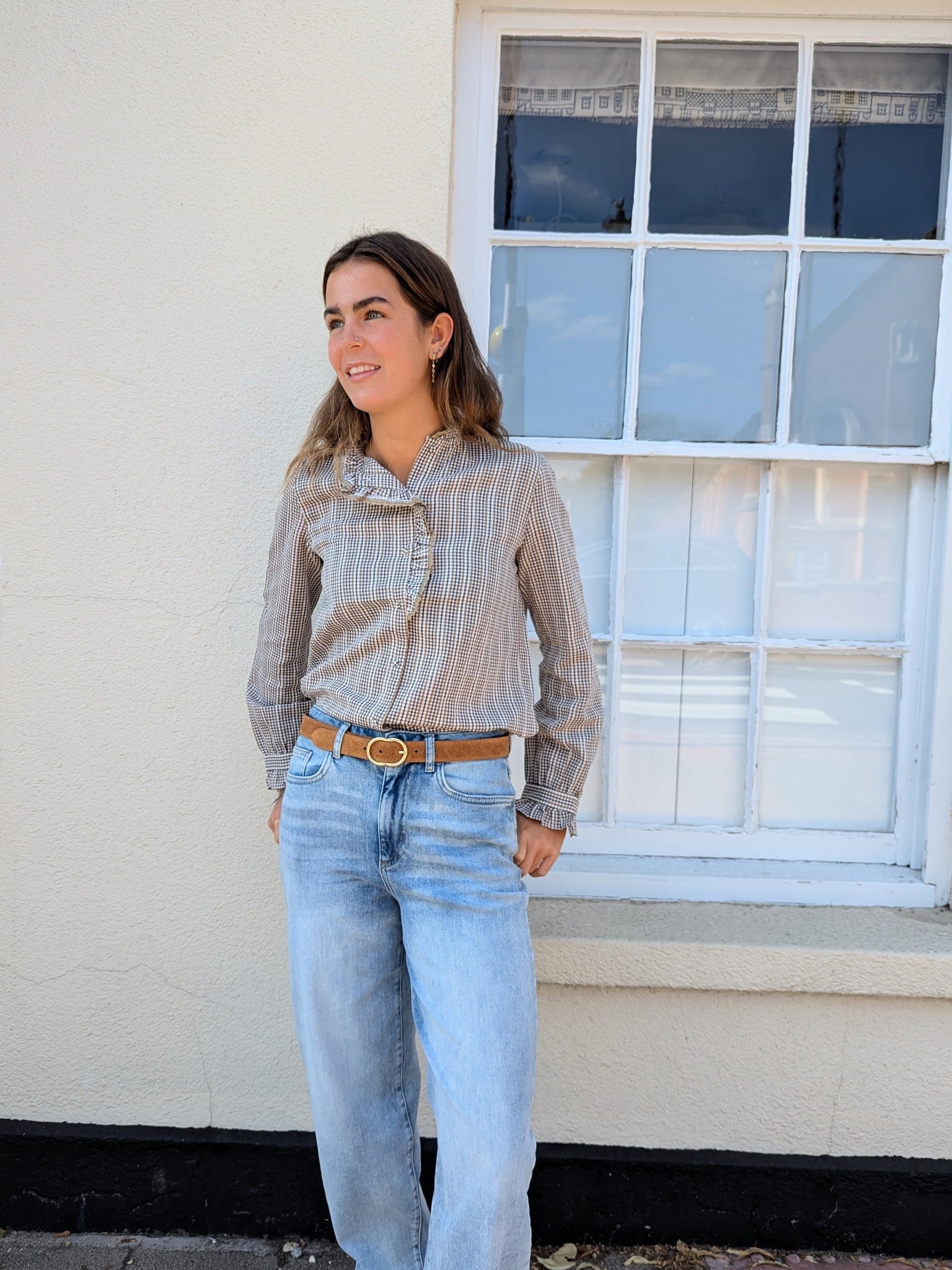 Camel Fine Check Frill Collar Blouse by Lovie and Co