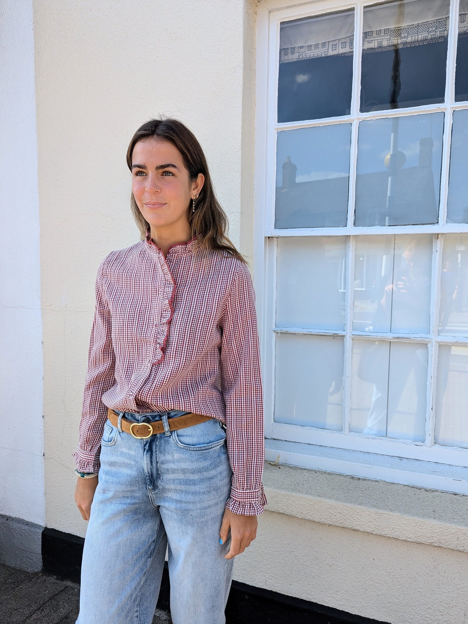 Red Fine Check Frill Collar Blouse by Lovie and Co