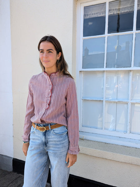 Red Fine Check Frill Collar Blouse by Lovie and Co