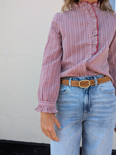 Red Fine Check Frill Collar Blouse by Lovie and Co
