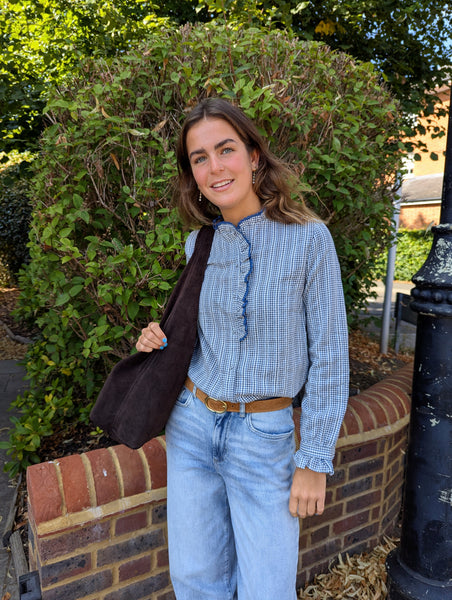 Denim Fine Check Frill Collar Blouse by Lovie and Co