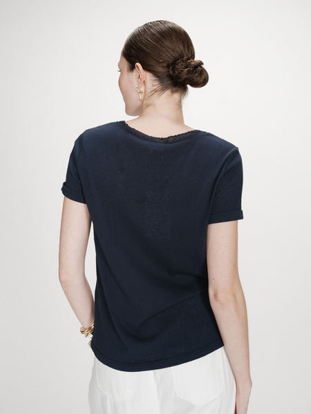 Navy Basic Tee With Lace Trim By Grace & Mila