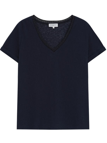 Navy Basic Tee With Lace Trim By Grace & Mila