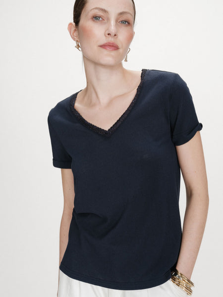 Navy Basic Tee With Lace Trim By Grace & Mila