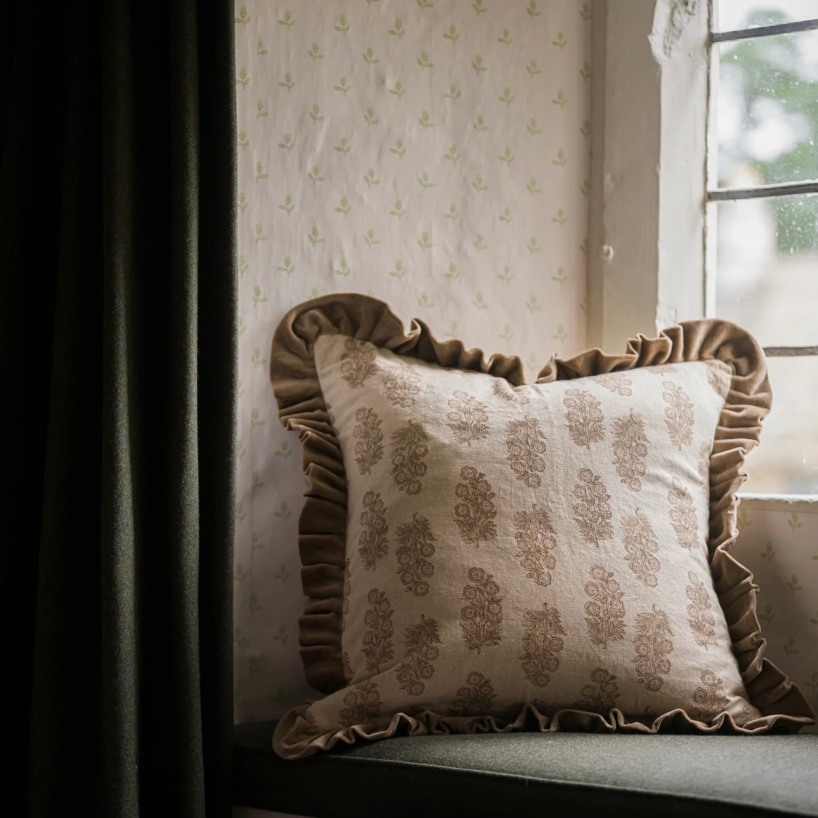 Taupe Blockprint Flower Cushion