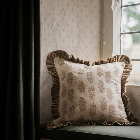 Taupe Blockprint Flower Cushion