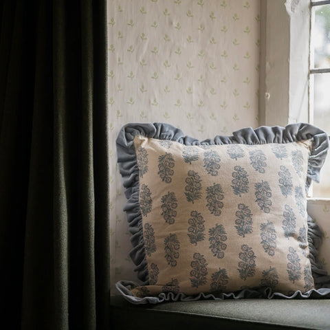 Denim Blockprint Flower Cushion