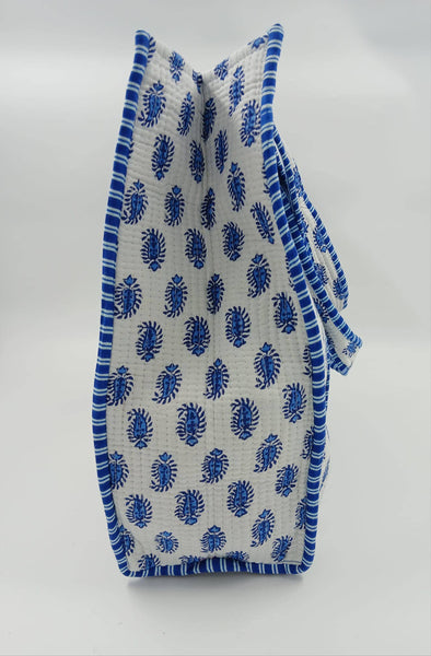 100% Cotton Kantha Quilted Boho Blue Floral Reversible Tote Bag