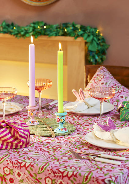 Pink Floral Block Print Tablecloth 125x220cm