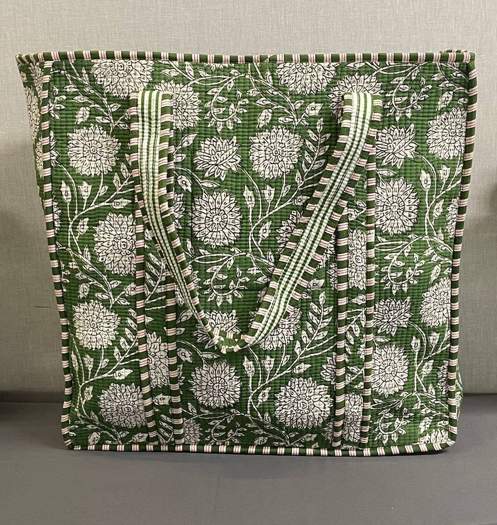 100% Cotton Kantha Quilted Boho Reversible Green Floral Tote Bag