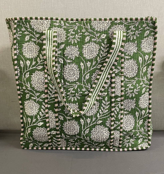 100% Cotton Kantha Quilted Boho Reversible Green Floral Tote Bag