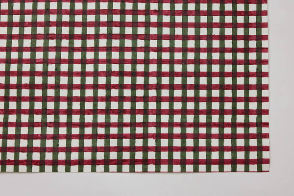 Block Printed Wrapping Paper Sheets - Gingham Holly Green