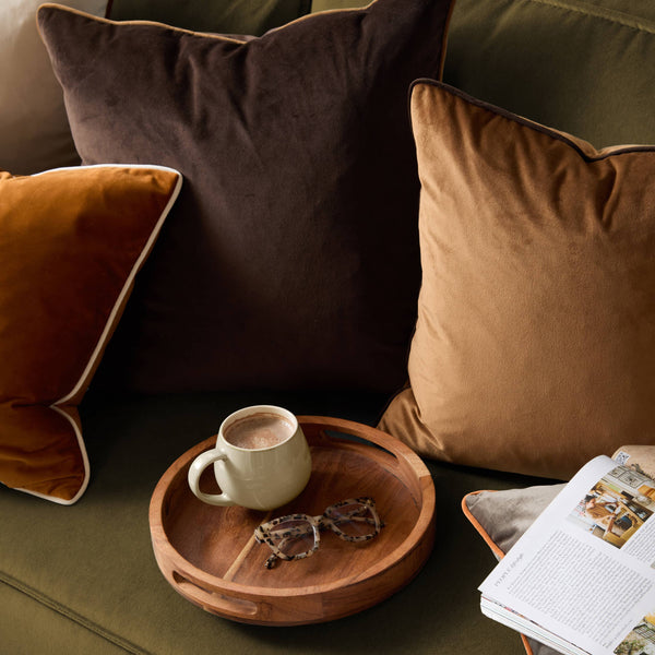 Chocolate Meridian Velvet Cushion Caramel Trim