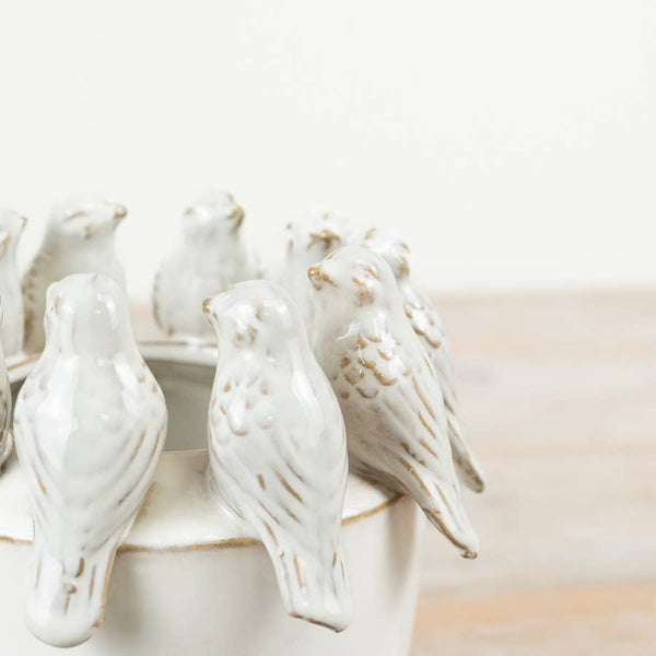 White Planter with Birds