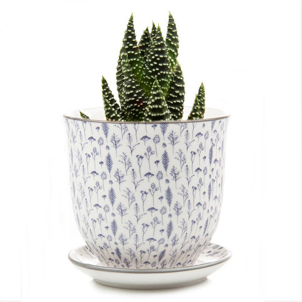 Blue Ceramic Pot with Saucer and Drainage Hole