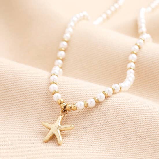 Beaded Pearl Starfish Necklace in Gold