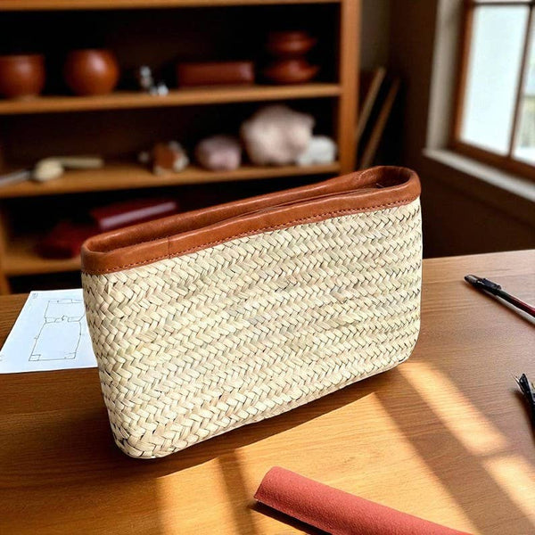 Handwoven Straw Clutch Leather Trim