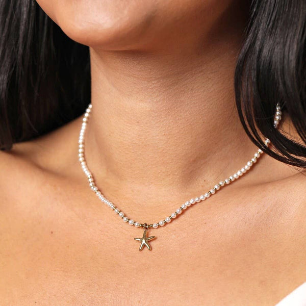 Beaded Pearl Starfish Necklace in Gold