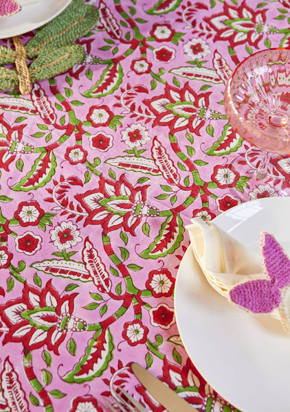 Pink Floral Block Print Tablecloth 125x220cm