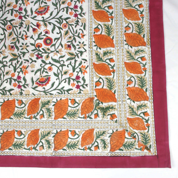 Orange Floral Block Printed Rectangular Tablecloth