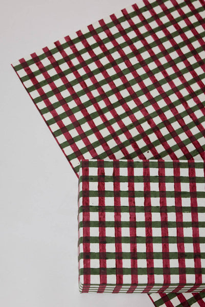 Block Printed Wrapping Paper Sheets - Gingham Holly Green