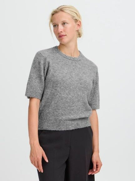 Grey Knit Rhinestone Trim Jumper by B Young
