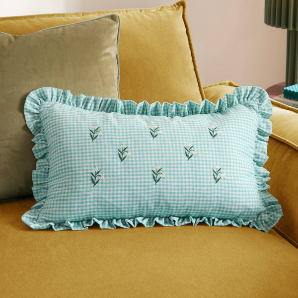 Les Petite Fleurs Gingham Ruffle Cushion Spring Green