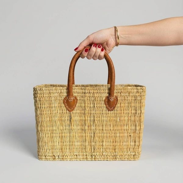 Natural Reed Market Basket Leather Handle