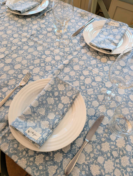 Blue Floral Block Printed Cotton Table Cloth 150x230cm