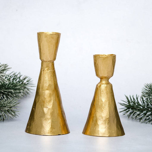 Large Gold Hammered Metal Candlestick Holder