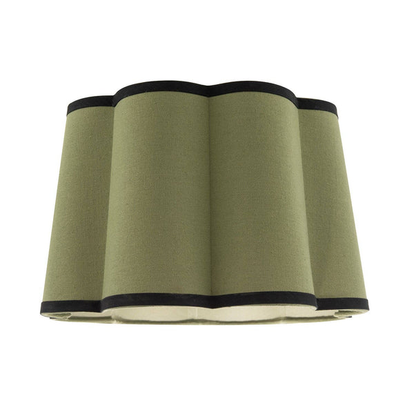 Olive Green Linen Scallop Drum Lamp Shade with Black Cotton Trims