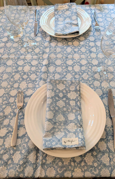 Blue Floral Block Printed Cotton Table Cloth 150x230cm