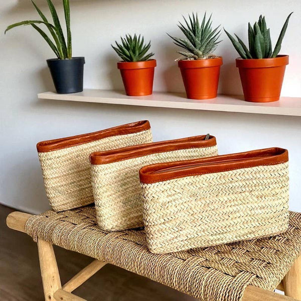 Handwoven Straw Clutch Leather Trim