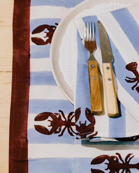 Blue Stripe Lobster Block Print Napkin