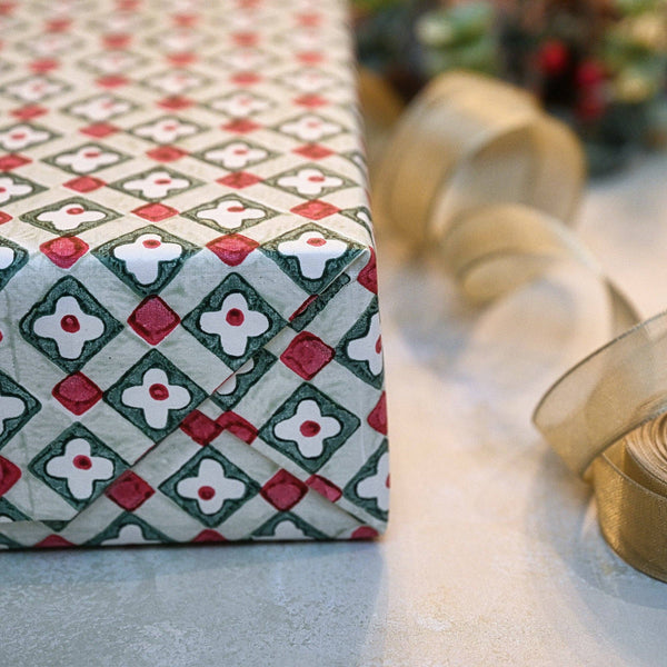 Block Printed Wrapping Paper Sheets - Floral Checks Sage