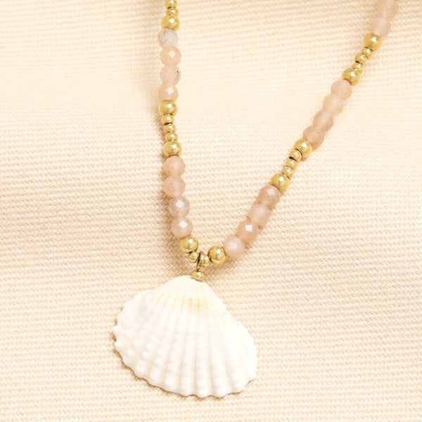 Beaded Dusty Pink Shell Pendant Necklace In Gold