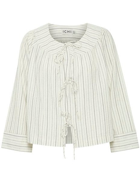 Black Stripe Tie Front Cotton Blouse by ICHI