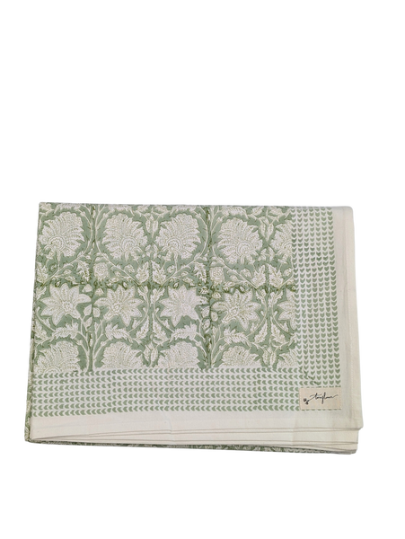 Green Floral Block Printed Cotton Table Cloth 150x230cm