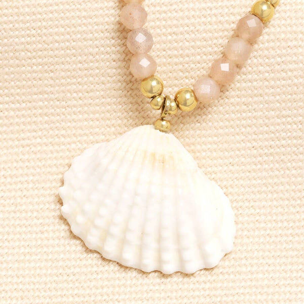 Beaded Dusty Pink Shell Pendant Necklace In Gold