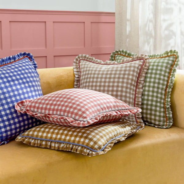 Maude Gingham Cotton Reversible Piped Cushion Sage