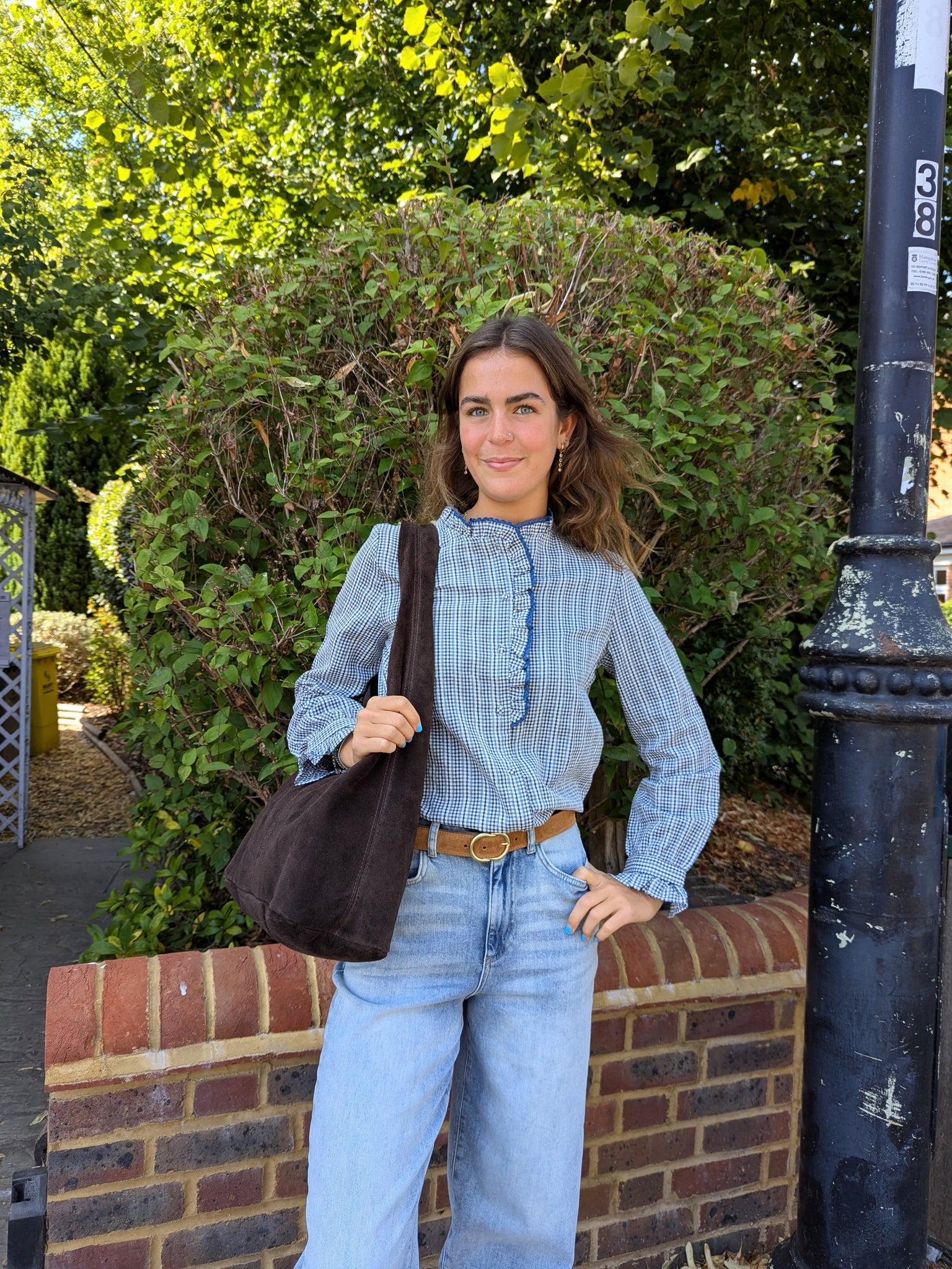 Denim Fine Check Frill Collar Blouse by Lovie and Co