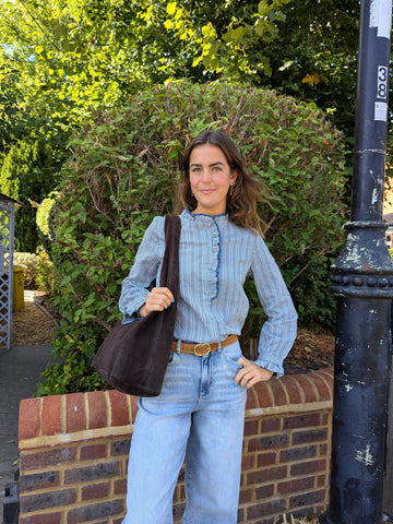 Denim Fine Check Frill Collar Blouse by Lovie and Co