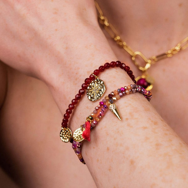 Red Agate Beaded Bracelet With Gold Discs by Ashiana
