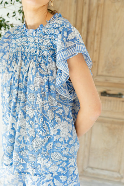 Marcel Chalk Blue Printed Blouse With Frill Sleeve By Bonté