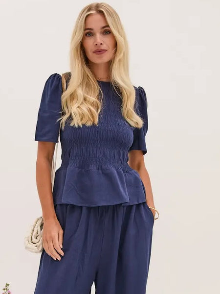 Navy Smock Tie Back Blouse by Fika