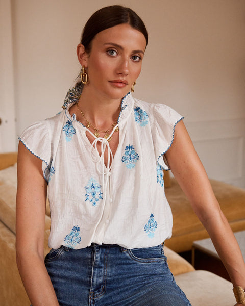 Blue Embroidered Smock Blouse