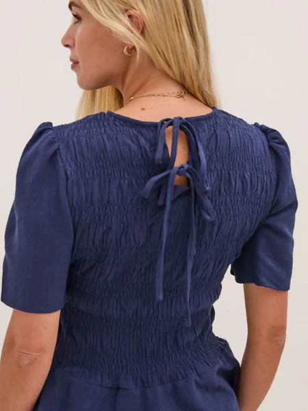 Navy Smock Tie Back Blouse by Fika