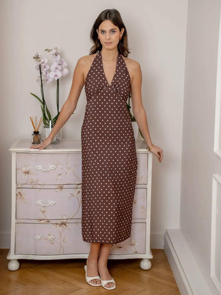 Chocolate Polka Dot Halterneck Maxi Dress by Lovie and Co
