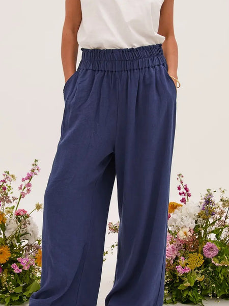 Navy Elasticated Waist Wide Leg Trouser by Fika
